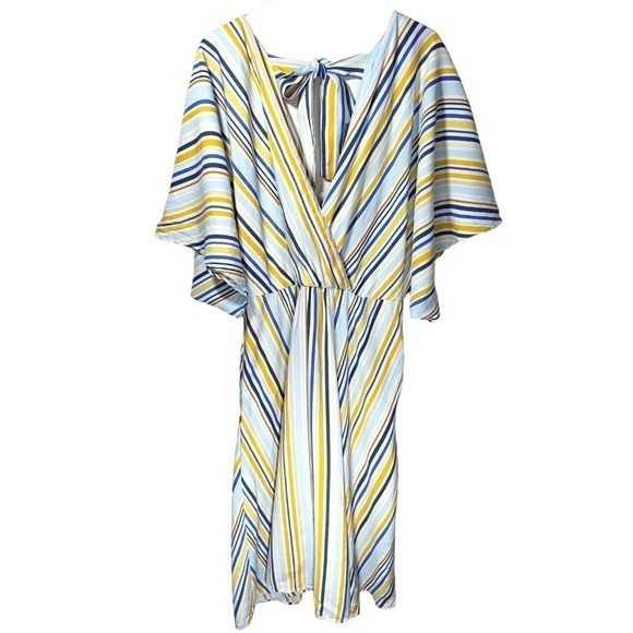 Eloquii Striped V-Neck Bell Sleeve Midi Dress in Blue/Yellow/White - Picture 1 of 10